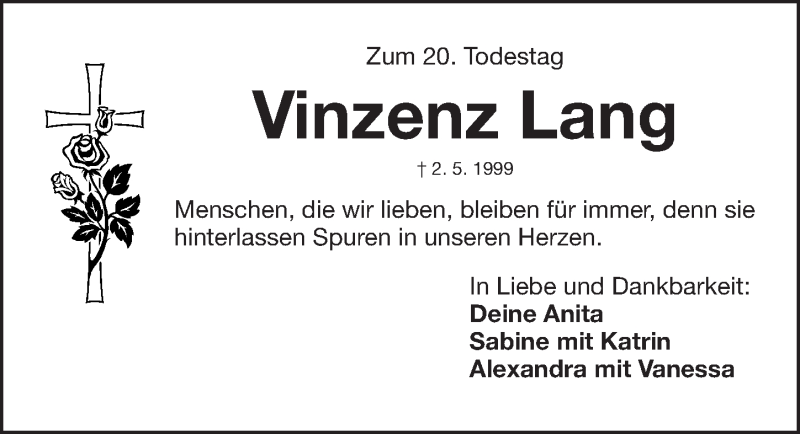  Traueranzeige für Vinzenz Lang vom 01.05.2019 aus Erlanger Nachrichten Lokal