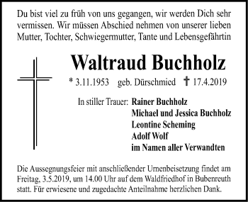 Traueranzeige von Waltraud Buchholz von Erlanger Nachrichten Lokal