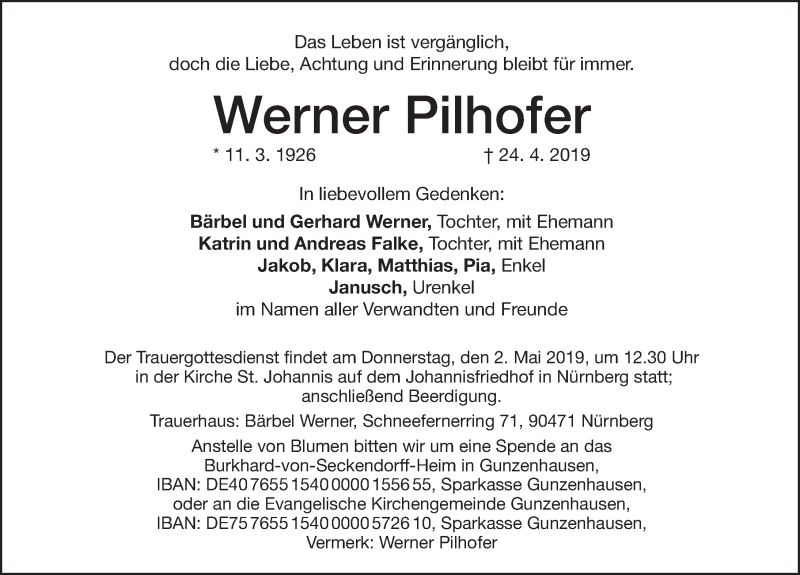  Traueranzeige für Werner Pilhofer vom 27.04.2019 aus Altmühl-Bote Lokal