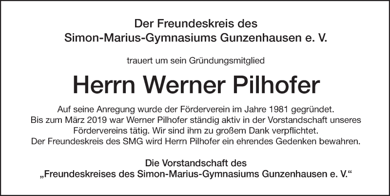  Traueranzeige für Werner Pilhofer vom 27.04.2019 aus Altmühl-Bote Lokal