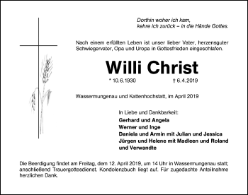 Traueranzeige von Willi Christ von Schwabach