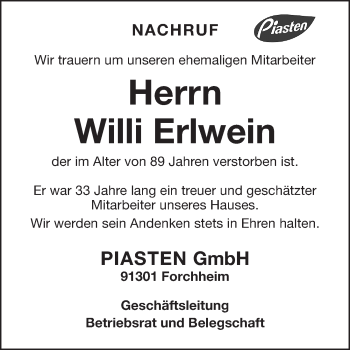 Traueranzeige von Willi Erlwein von Nordbayerische Nachrichten Forchheim Lokal