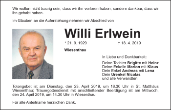 Traueranzeige von Willi Erlwein von Nordbayerische Nachrichten Forchheim Lokal
