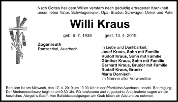 Traueranzeige von Willi Kraus von Nordbayerische Nachrichten Pegnitz Lokal