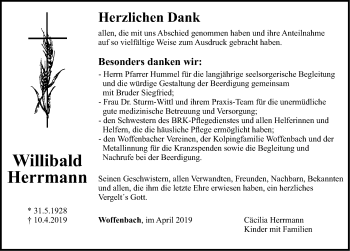 Traueranzeige von Willibald Herrmann von Neumarkter Nachrichten Lokal