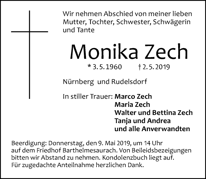  Traueranzeige für Monika Zech vom 06.05.2019 aus Schwabacher Tagblatt