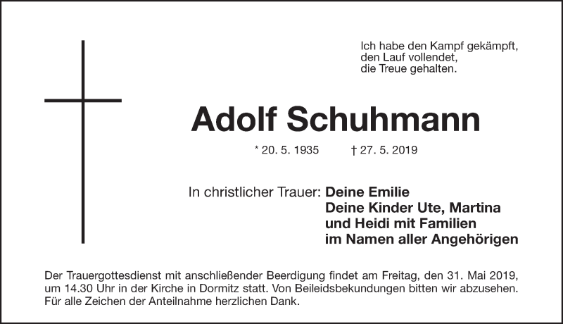  Traueranzeige für Adolf Schuhmann vom 29.05.2019 aus Erlanger Nachrichten Lokal