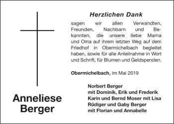Traueranzeige von Anneliese Berger von Fürther Nachrichten Lokal