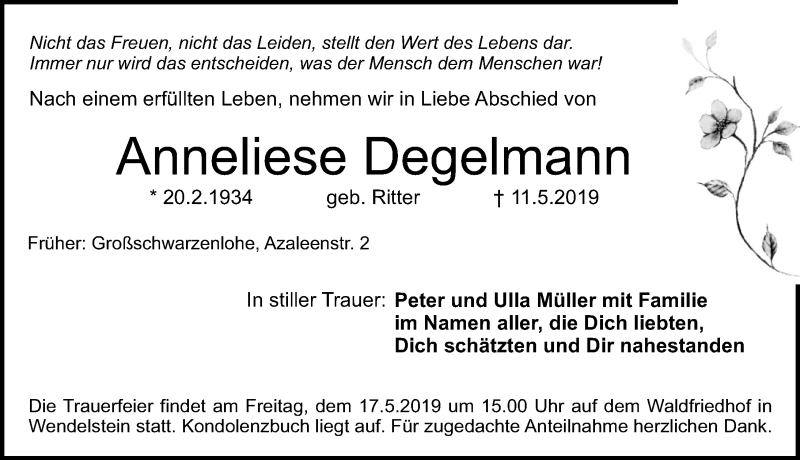  Traueranzeige für Anneliese Degelmann vom 15.05.2019 aus Schwabach