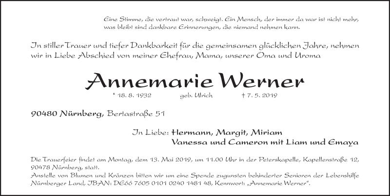 Traueranzeige für Annemarie Werner vom 11.05.2019 aus Gesamtausgabe Nürnberger Nachrichten/ Nürnberger Ztg.
