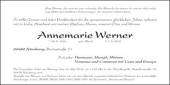 Traueranzeige von Annemarie Werner von Gesamtausgabe Nürnberger Nachrichten/ Nürnberger Ztg.