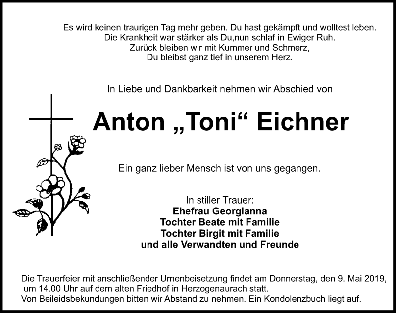  Traueranzeige für Anton  Eichner vom 08.05.2019 aus Nordbayerische Nachrichten Herzogenaurach Lokal