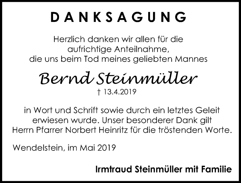 Traueranzeige für Bernd Steinmüller vom 11.05.2019 aus Gesamtausgabe Nürnberger Nachrichten/ Nürnberger Ztg.