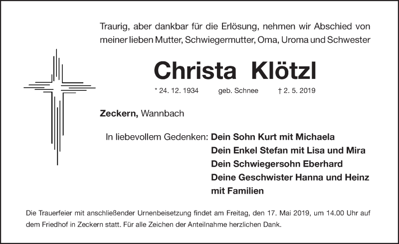  Traueranzeige für Christa Klötzl vom 15.05.2019 aus Nordbayerische Nachrichten Herzogenaurach Lokal