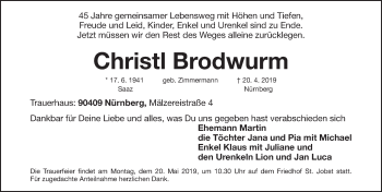 Traueranzeige von Christi Brodwurm von Gesamtausgabe Nürnberger Nachrichten/ Nürnberger Ztg.