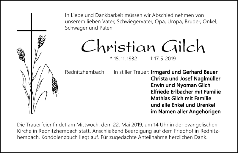  Traueranzeige für Christian Gilch vom 20.05.2019 aus Schwabach