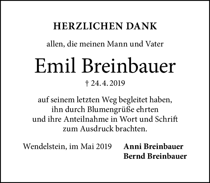  Traueranzeige für Emil Breinbauer vom 11.05.2019 aus Schwabach