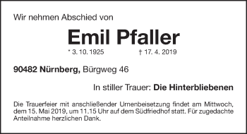 Traueranzeige von Emil Pfaller von Gesamtausgabe Nürnberger Nachrichten/ Nürnberger Ztg.