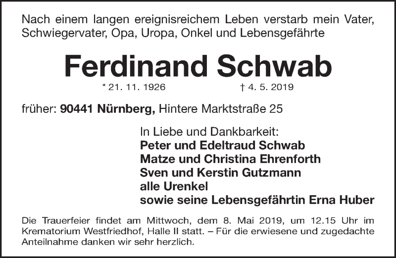  Traueranzeige für Ferdinand Schwab vom 06.05.2019 aus Gesamtausgabe Nürnberger Nachrichten/ Nürnberger Ztg.
