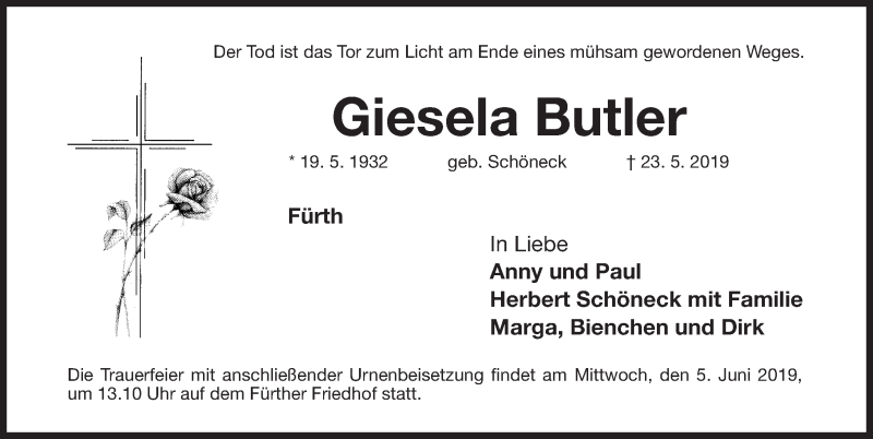  Traueranzeige für Giesela Butler vom 01.06.2019 aus Fürther Nachrichten Lokal