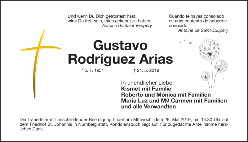  Traueranzeige für Gustavo Rodriguez Arias vom 28.05.2019 aus Gesamtausgabe Nürnberger Nachrichten/ Nürnberger Ztg.