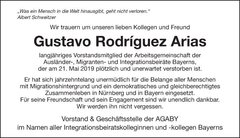  Traueranzeige für Gustavo Rodriguez Arias vom 28.05.2019 aus Gesamtausgabe Nürnberger Nachrichten/ Nürnberger Ztg.