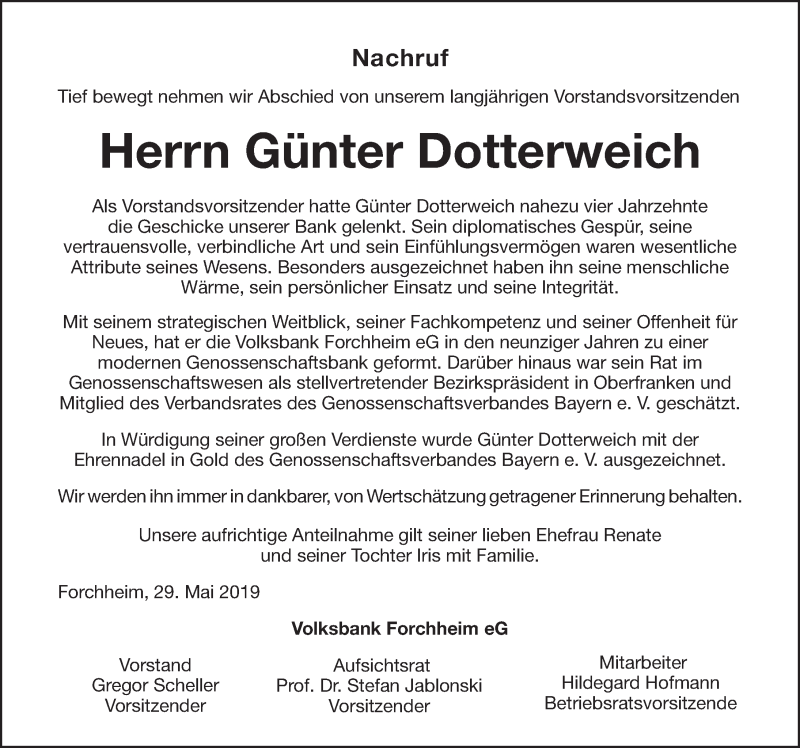  Traueranzeige für Günter Dotterweich vom 29.05.2019 aus Nordbayerische Nachrichten Forchheim Lokal