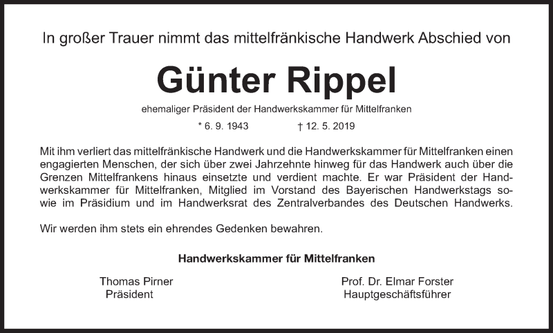  Traueranzeige für Günter Rippel vom 30.05.2019 aus Gesamtausgabe Nürnberger Nachrichten/ Nürnberger Ztg.