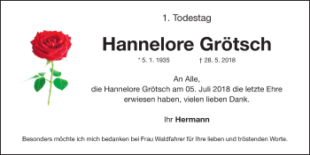 Traueranzeige von Hannelore Grötsch von Gesamtausgabe Nürnberger Nachrichten/ Nürnberger Ztg.