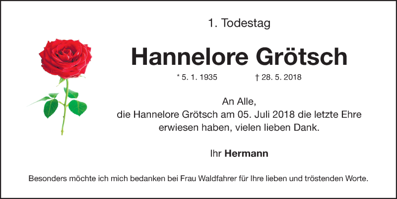  Traueranzeige für Hannelore Grötsch vom 28.05.2019 aus Gesamtausgabe Nürnberger Nachrichten/ Nürnberger Ztg.