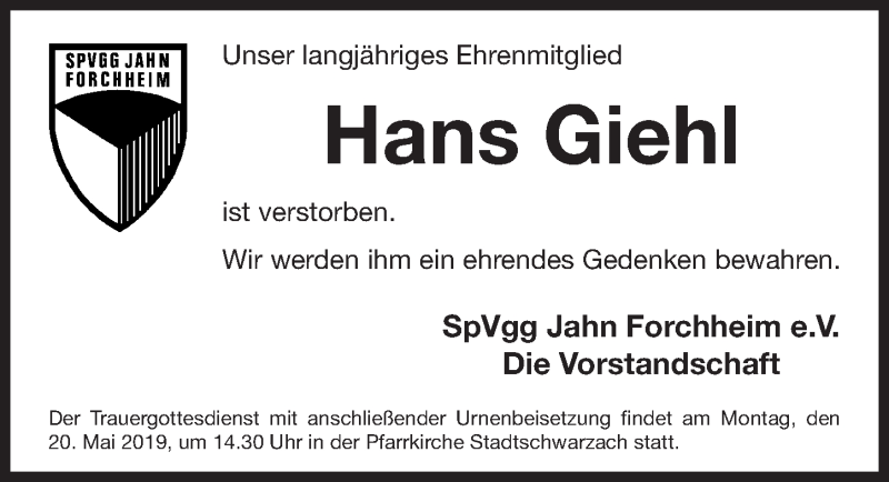  Traueranzeige für Hans Giehl vom 17.05.2019 aus Nordbayerische Nachrichten Forchheim Lokal