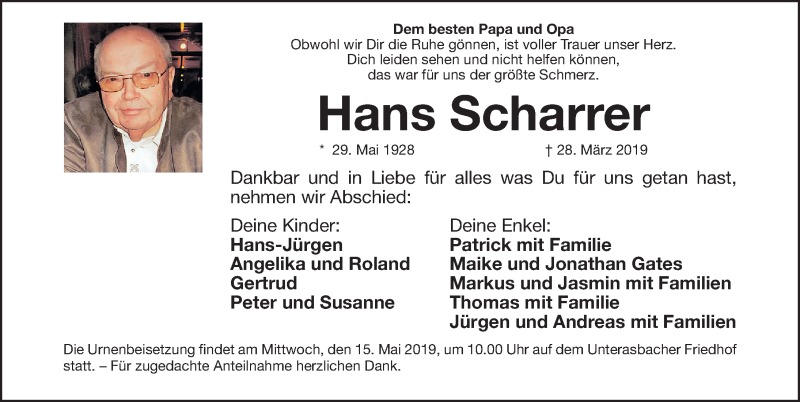 Traueranzeige für Hans Scharrer vom 11.05.2019 aus Gesamtausgabe Nürnberger Nachrichten/ Nürnberger Ztg.