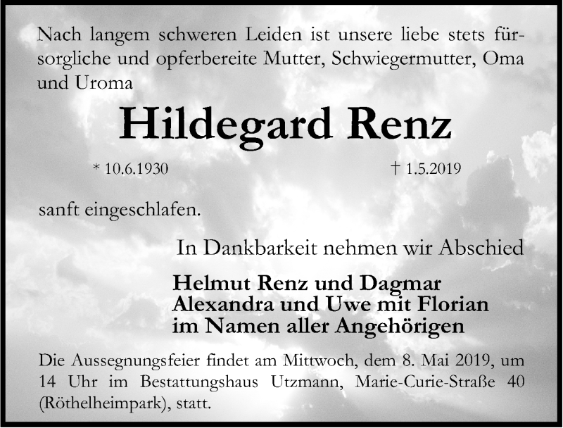  Traueranzeige für Hildegard Renz vom 04.05.2019 aus Erlanger Nachrichten Lokal