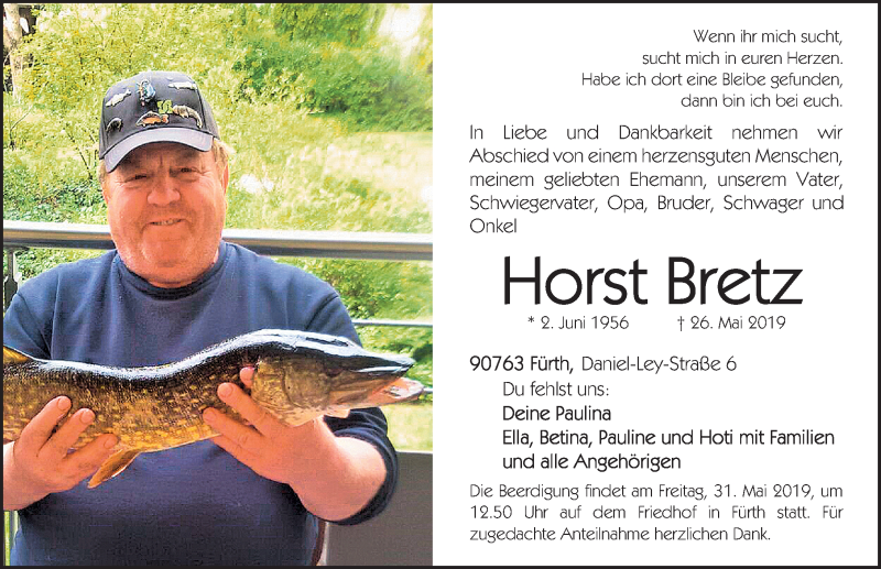  Traueranzeige für Horst Bretz vom 28.05.2019 aus Nordbayerische Nachrichten Forchheim Lokal
