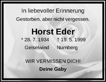 Traueranzeige von Horst Eder von Gesamtausgabe Nürnberger Nachrichten/ Nürnberger Ztg.