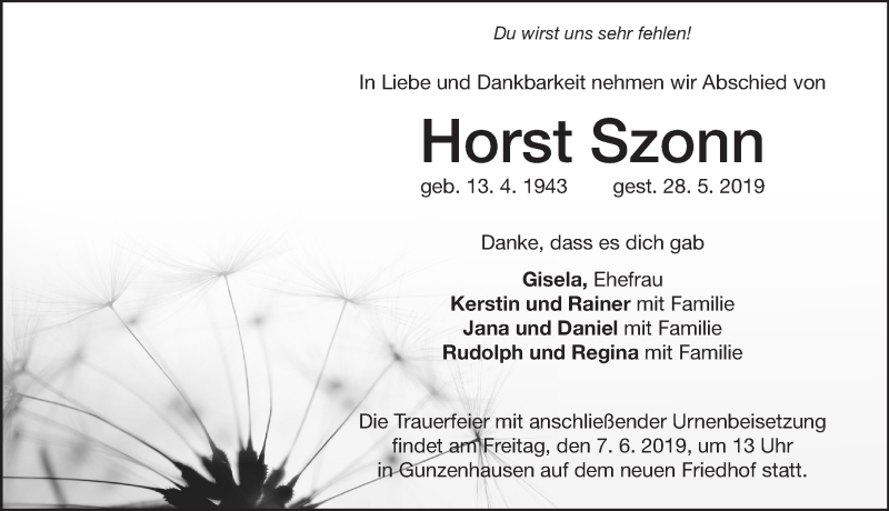 Traueranzeige für Horst Szonn vom 01.06.2019 aus Altmühl-Bote Lokal