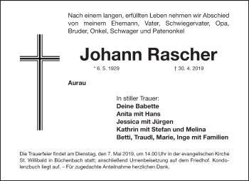 Traueranzeige von Johann Rascher von Roth-Hilpoltsteiner Volkszeitung Lokal