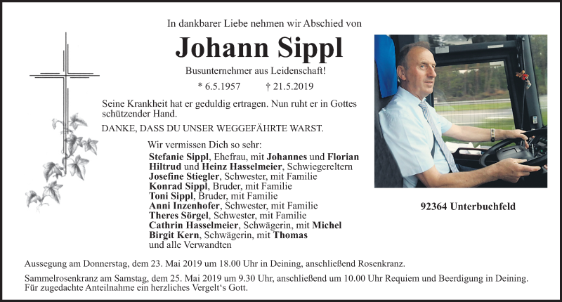  Traueranzeige für Johann Sippl vom 22.05.2019 aus Neumarkter Nachrichten Lokal