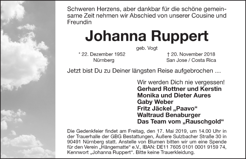  Traueranzeige für Johanna Ruppert vom 11.05.2019 aus Gesamtausgabe Nürnberger Nachrichten/ Nürnberger Ztg./ Fürther Nachrichten