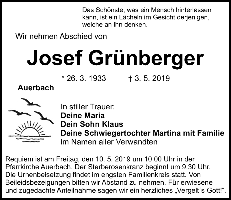  Traueranzeige für Josef Grünberger vom 06.05.2019 aus Nordbayerische Nachrichten Pegnitz Lokal