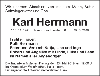 Traueranzeige von Karl Herrmann von Gesamtausgabe Nürnberger Nachrichten/ Nürnberger Ztg.