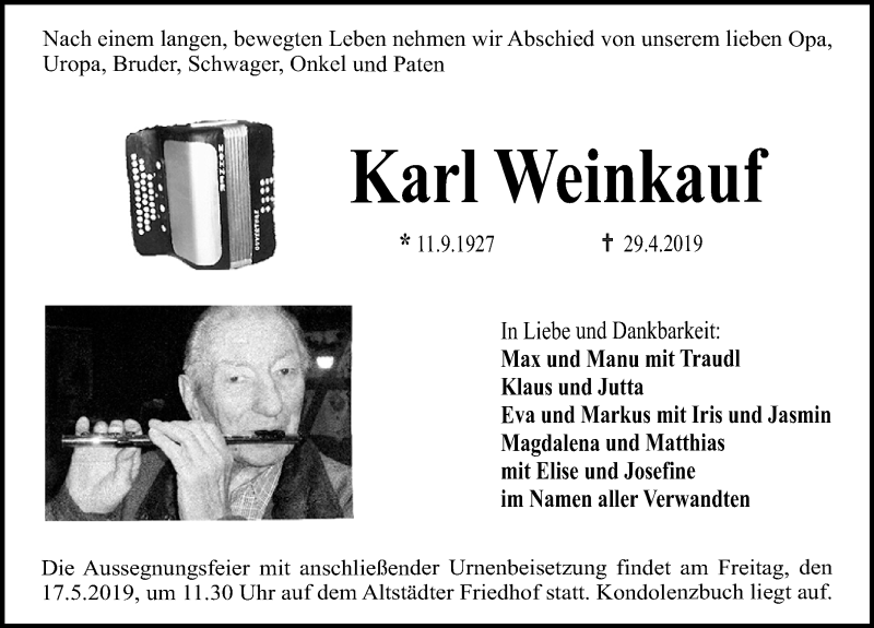  Traueranzeige für Karl Weinkauf vom 11.05.2019 aus Erlanger Nachrichten Lokal