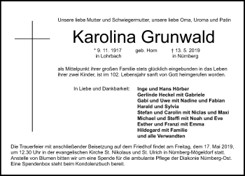 Traueranzeige von Karolina Grunwald von Gesamtausgabe Nürnberger Nachrichten/ Nürnberger Ztg.