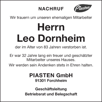 Traueranzeige von Leo Dornheim von Nordbayerische Nachrichten Forchheim Lokal