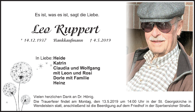  Traueranzeige für Leo Ruppert vom 08.05.2019 aus Gesamtausgabe Nürnberger Nachrichten/ Nürnberger Ztg.