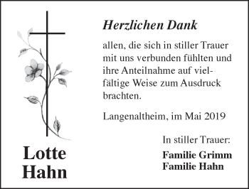 Traueranzeige von Lotte Hahn von Weißenburger Tagblatt u.Treuchtlinger Kurier Lokal