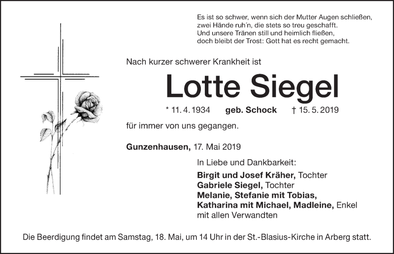  Traueranzeige für Lotte Siegel vom 17.05.2019 aus Altmühl-Bote Lokal