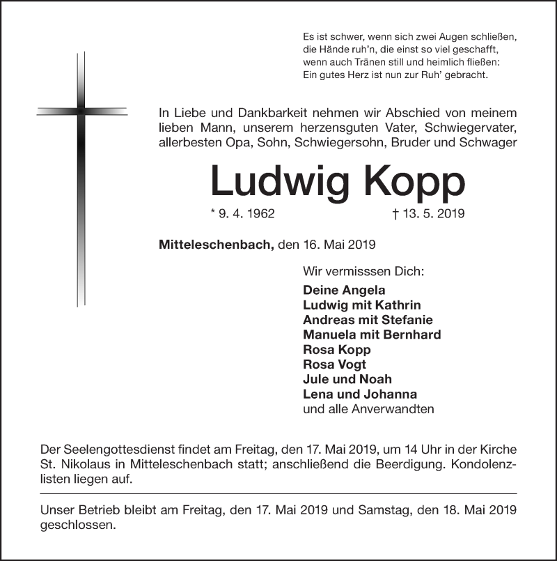  Traueranzeige für Ludwig Kopp vom 16.05.2019 aus Altmühl-Bote Lokal