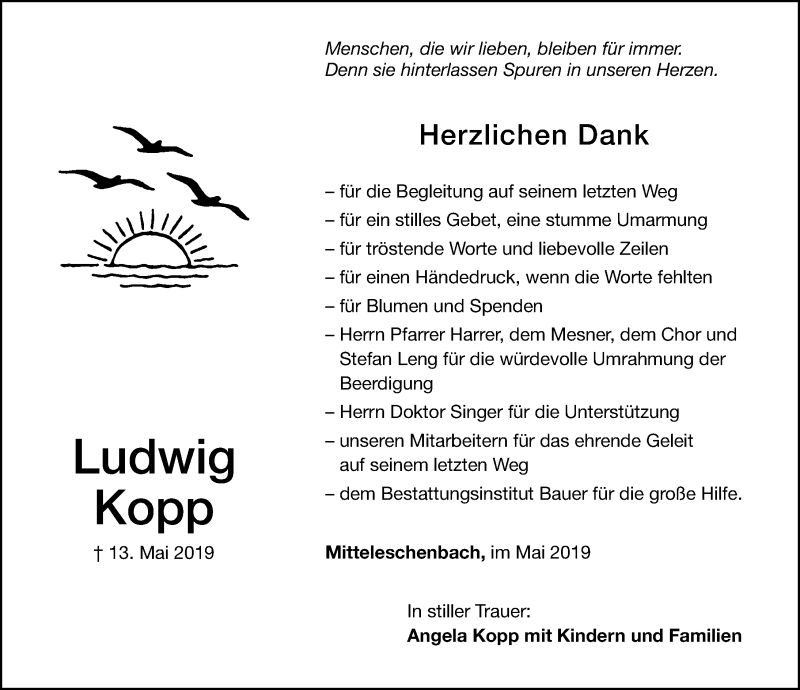 Traueranzeige für Ludwig Kopp vom 25.05.2019 aus Altmühl-Bote Lokal