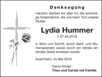 Traueranzeige von Lydia Hummer von Altmühl-Bote Lokal